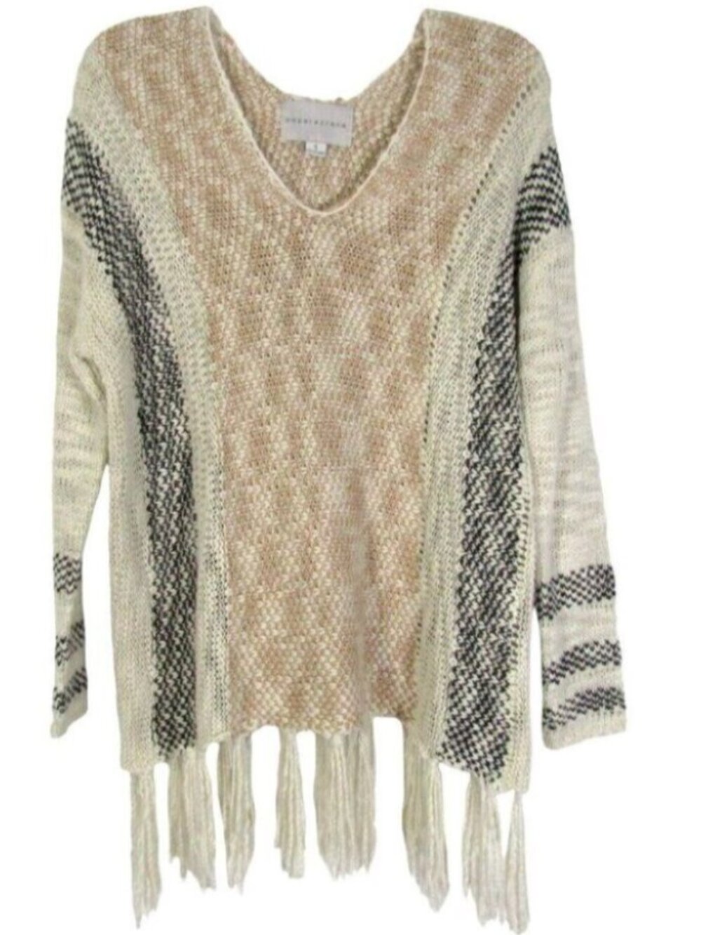 Paper Crane Cream Tan Boho Sweater Size S Tassel Trim V Neck Long Sleeve Stripe